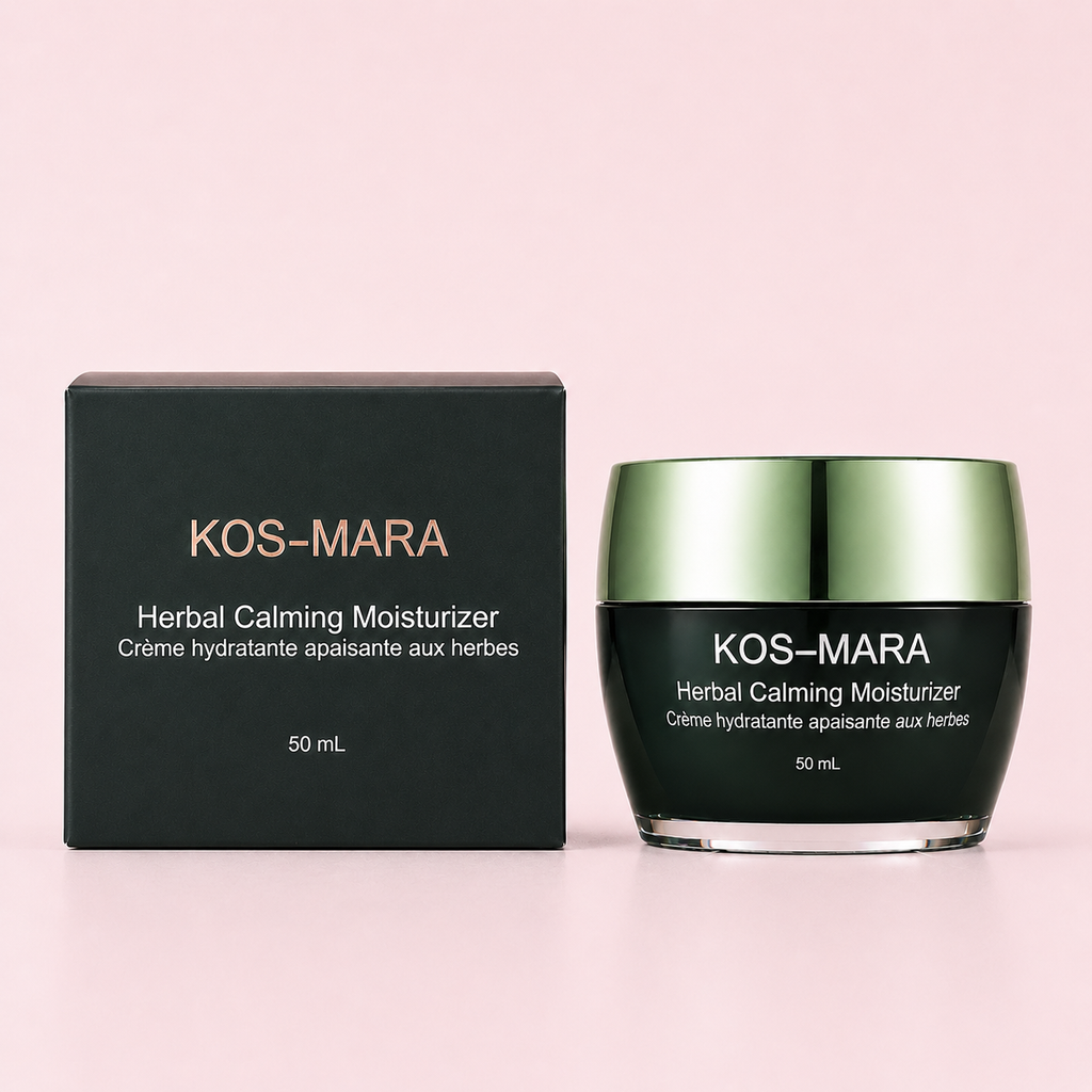 KOS-MARA Herbal Calming Moisturizer 50 mL jar with its black packaging box, set against a solid pale pink background.