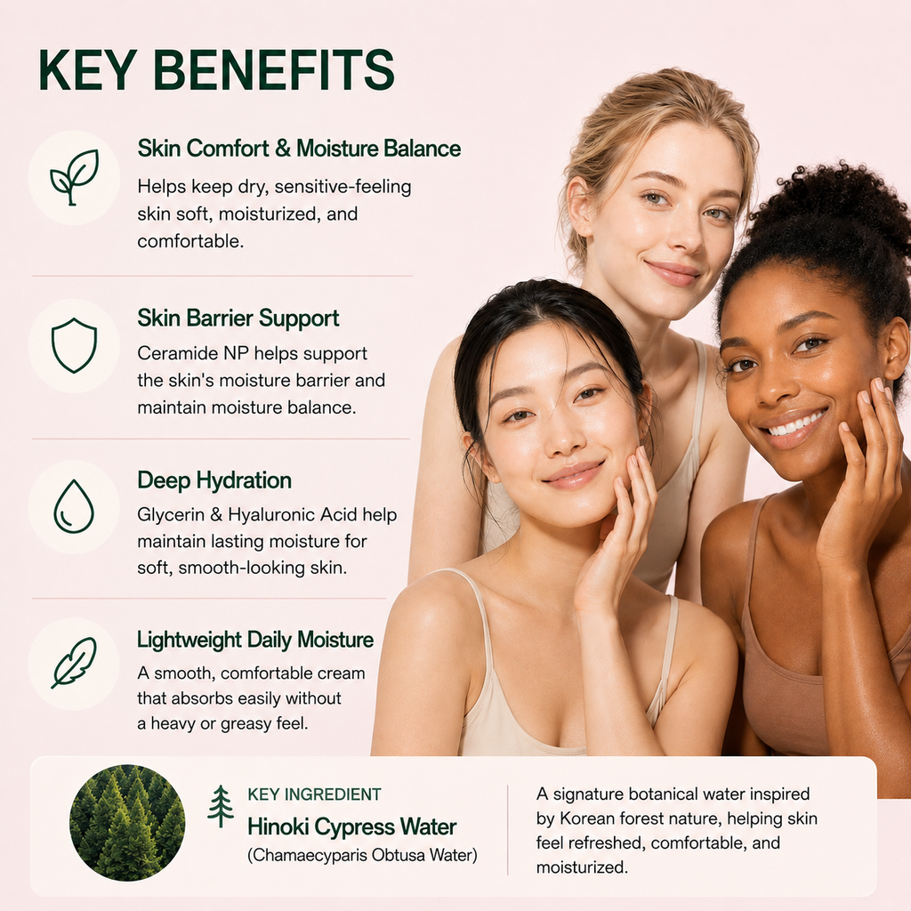 A promotional infographic with the heading 'KEY BENEFITS' on a pale pink background, featuring three women touching their faces and listing skincare benefits such as skin comfort, barrier support, deep hydration, and lightweight daily moisture. A small inset shows a green leafy texture labeled as key ingredient: Hinoki Cypress Water.