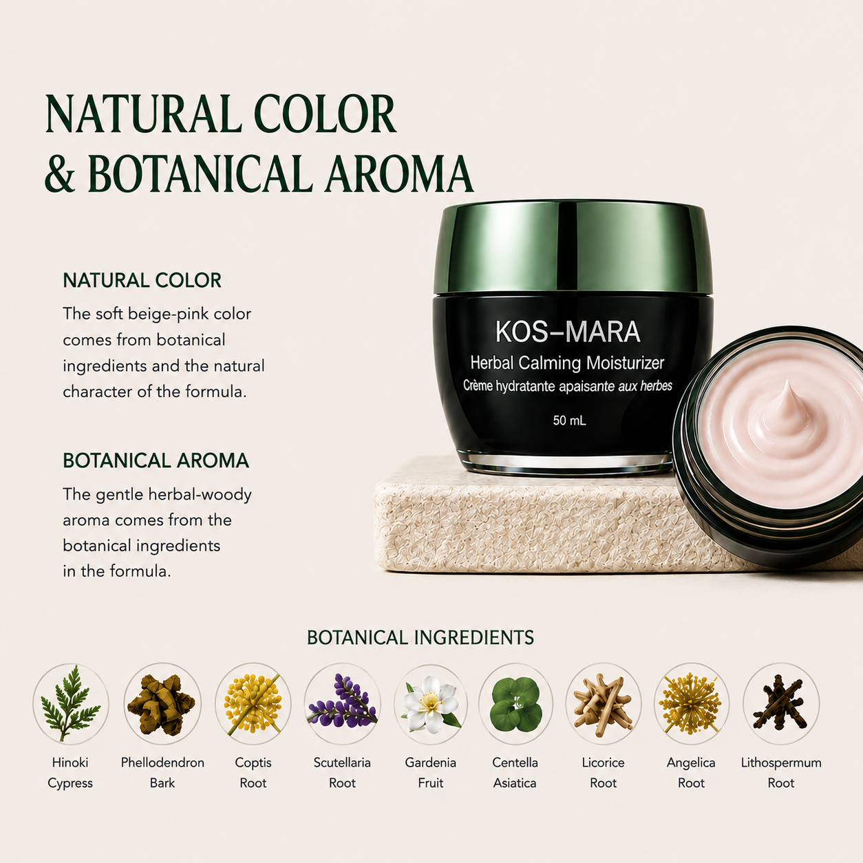 KOS-MARA Herbal Calming Moisturizer 50 mL jar in a dark green glass container with a black lid, shown next to an open lid revealing a soft beige-pink cream. The image includes marketing text about natural color and botanical aroma, and a row of botanical ingredient icons at the bottom on a light beige background.