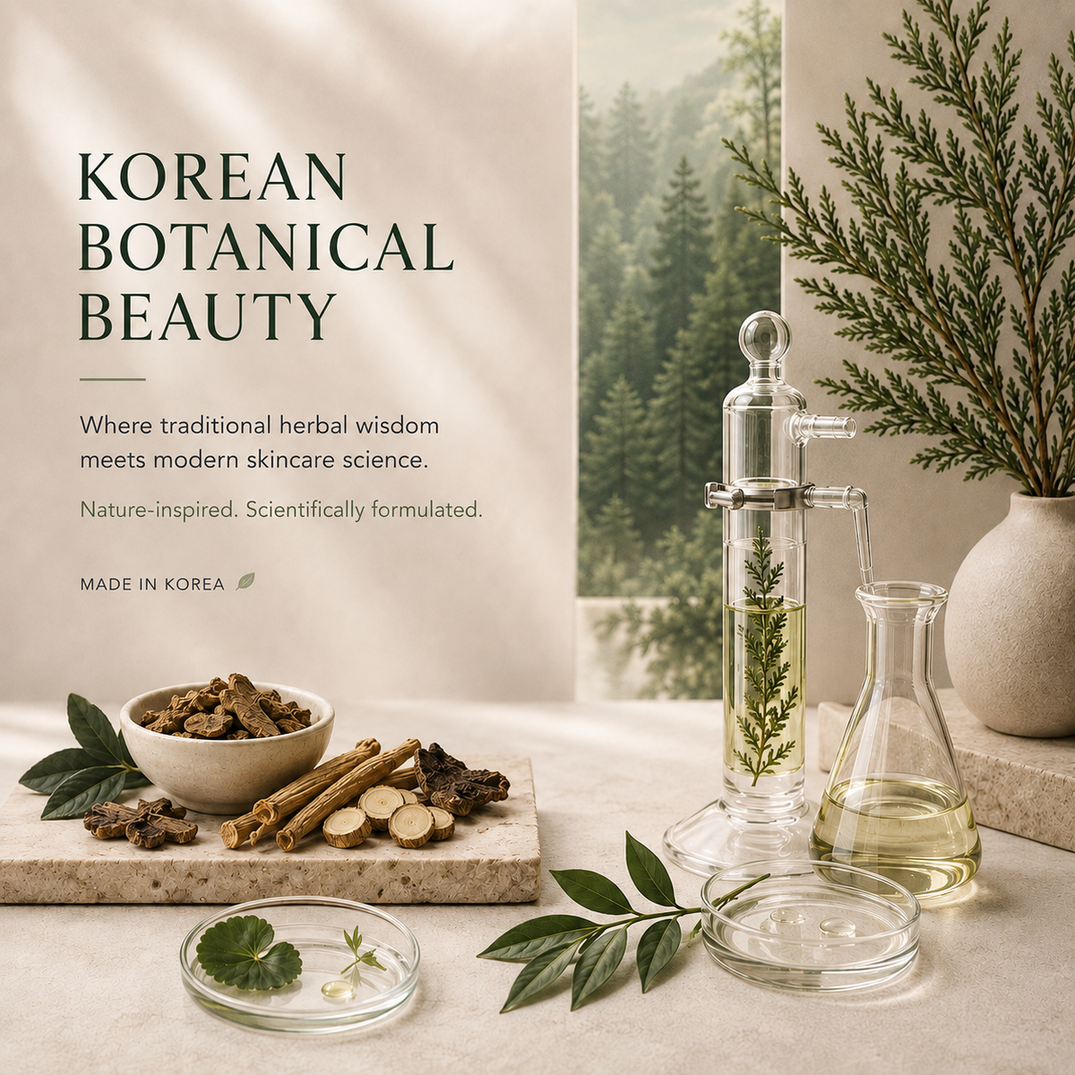 A styled botanical beauty scene with Korean text on the left, showing herbal ingredients, glass distillation apparatus, and a vase with greenery in a softly lit interior. The text reads 'KOREAN BOTANICAL BEAUTY' and 'MADE IN KOREA.