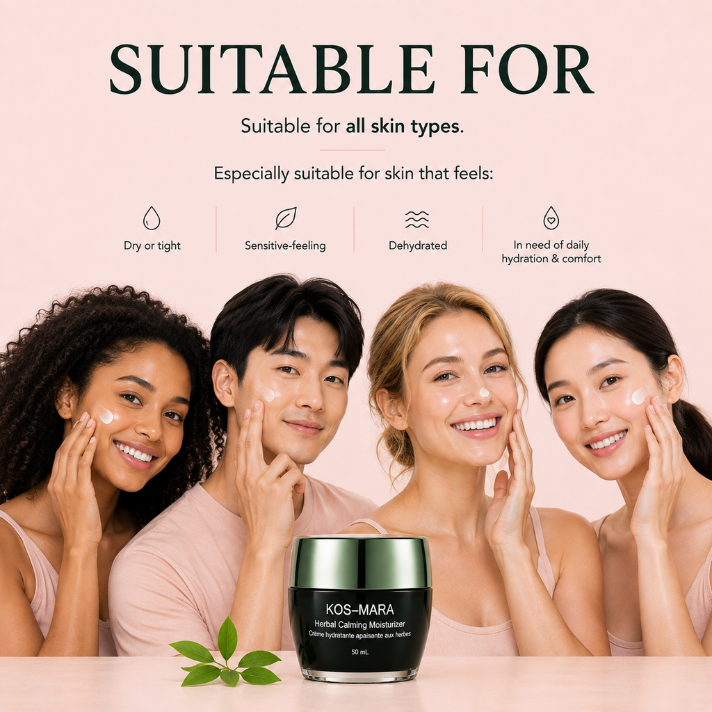 A cosmetic jar labeled KOS-MARA Night Wrapping Beauty Cream 90ml is centered on a pale pink background with promotional text above it. The text says the product is suitable for all skin types and lists skin conditions it is especially good for, such as dry or tight, sensitive-feeling, dehydrated, and in need of daily hydration & comfort.