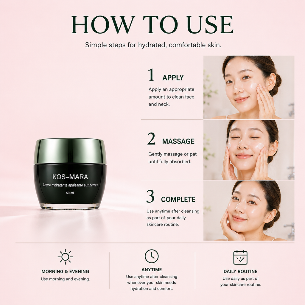 A pink and white skincare instruction graphic titled 'HOW TO USE' showing the Kos-Mara cream jar on the left and three-step application instructions on the right with photos of a woman applying and massaging the cream.