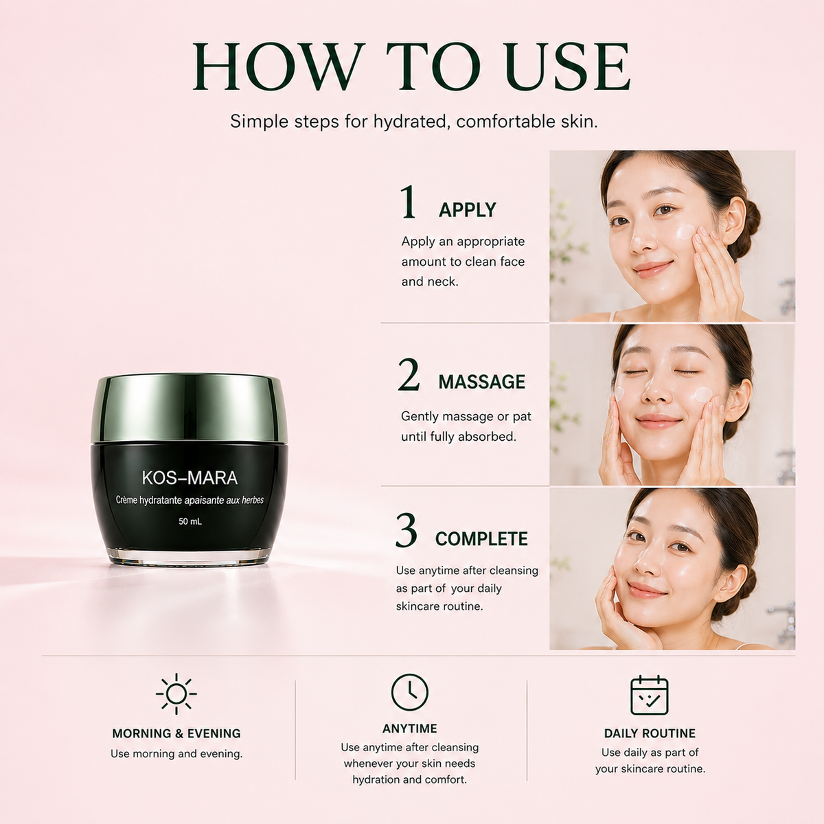 A pink and white skincare instruction graphic titled 'HOW TO USE' showing the Kos-Mara cream jar on the left and three-step application instructions on the right with photos of a woman applying and massaging the cream.