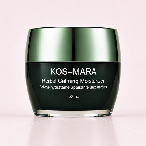 KOS-MARA Herbal Calming Moisturizer in a 50 mL dark green jar with a metallic green lid, set against a soft pink background.