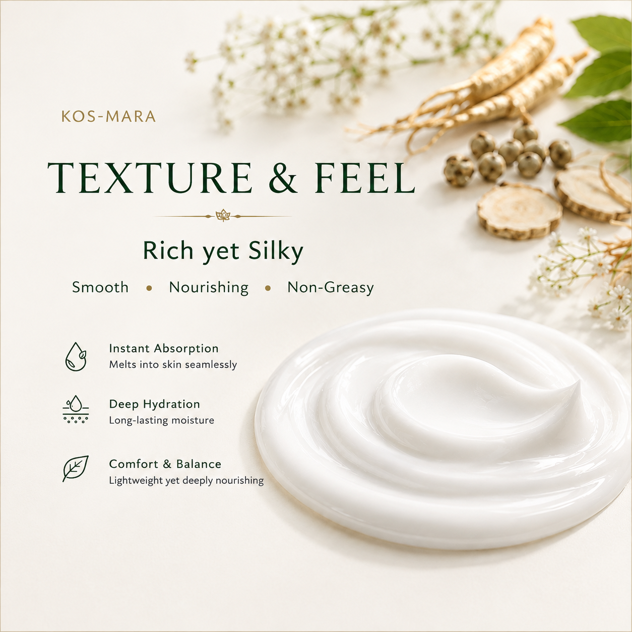 KOS-MARA Texture & Feel cream shown as a thick white swirl on a light cream background, with botanical ingredients arranged around it and text describing the rich, silky texture and key benefits.