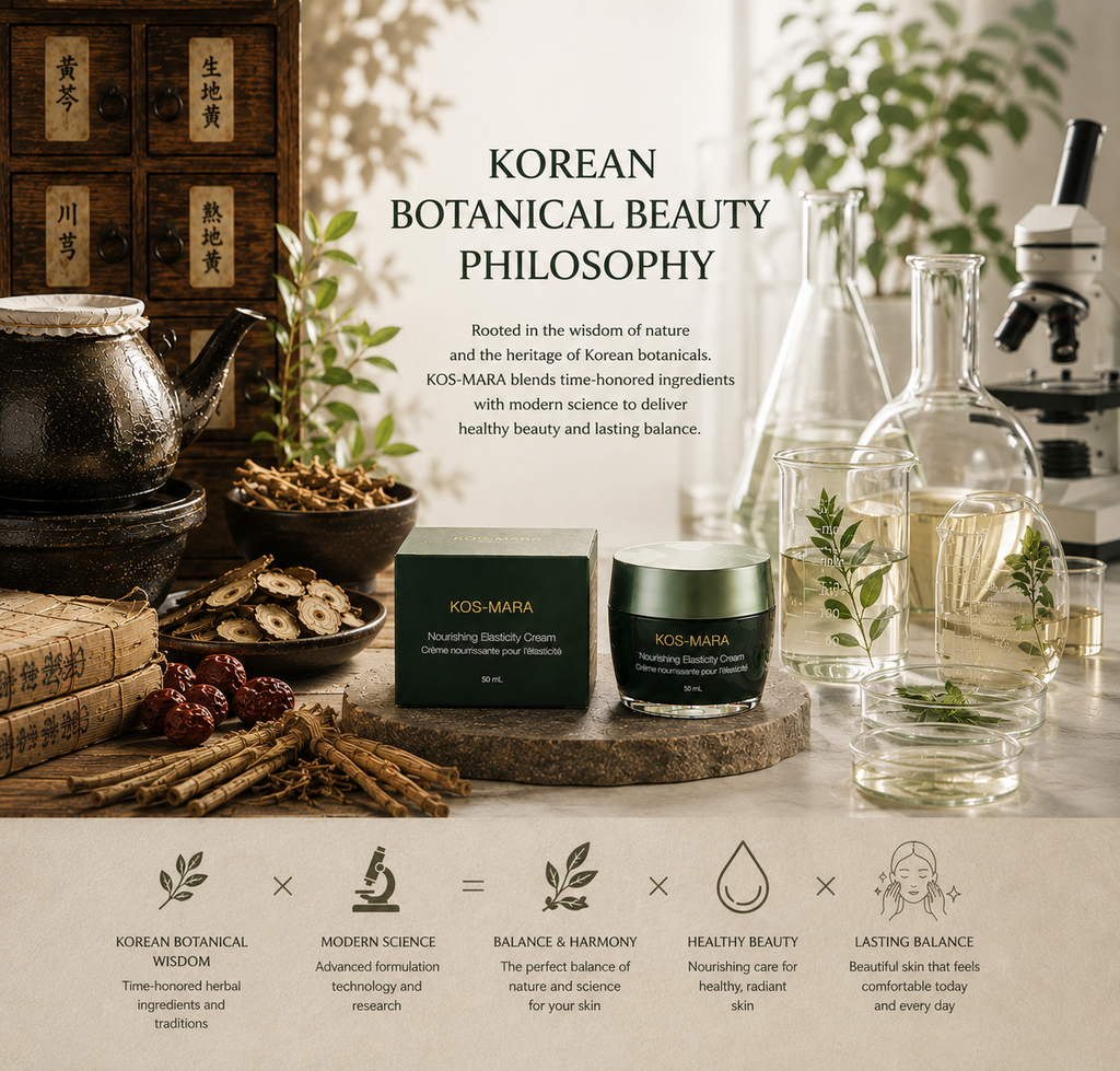 KOS-MARA Reviving Radiance Cream jar and its dark green box displayed on a styled tabletop with botanical elements, glassware, and decorative props, under the heading 'KOREAN BOTANICAL BEAUTY PHILOSOPHY'.
