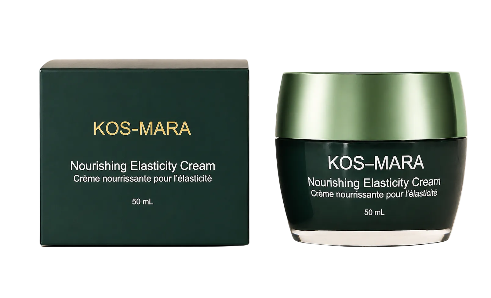 KOS-MARA Nourishing Elasticity Cream 50 mL shown next to its dark green packaging box on a light beige background.