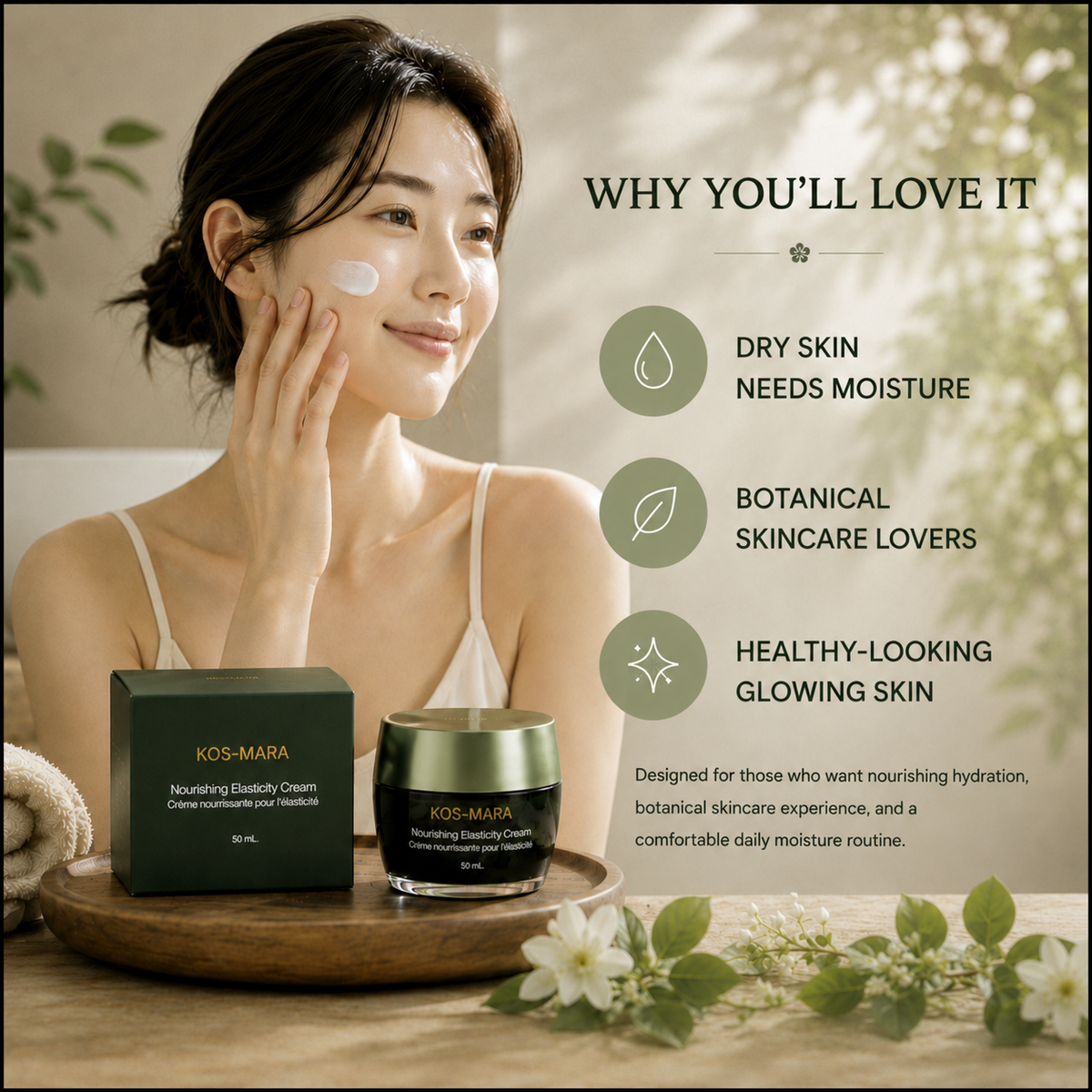A woman applies cream to her cheek while standing beside a skincare set on a wooden tray. The set includes a black box labeled KOS-MARA Nourishing Elasticity Cream and a matching jar with a metallic lid.