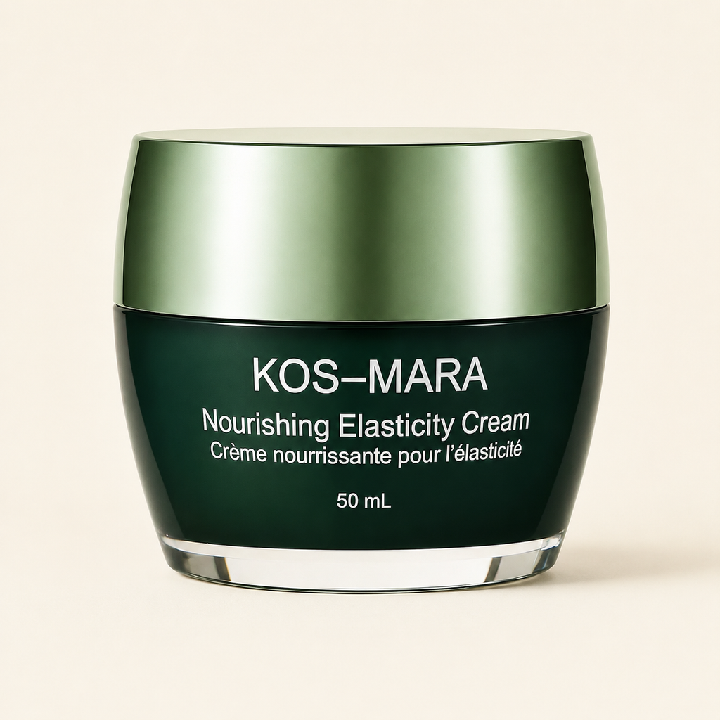 KOS-MARA Nourishing Elasticity Cream in a 50 mL jar, featuring a dark green body and a metallic olive green lid, set against a light cream background.