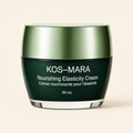 KOS-MARA Nourishing Elasticity Cream in a 50 mL jar, featuring a dark green body and a metallic olive green lid, set against a light cream background.