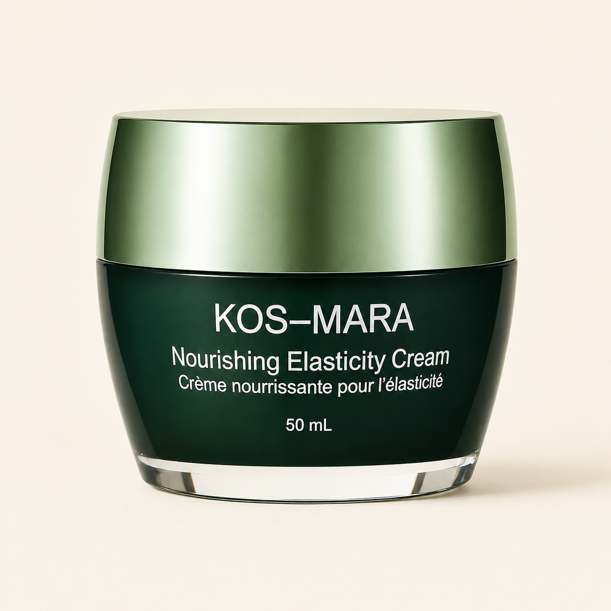 KOS-MARA Nourishing Elasticity Cream in a 50 mL jar, featuring a dark green body and a metallic olive green lid, set against a light cream background.